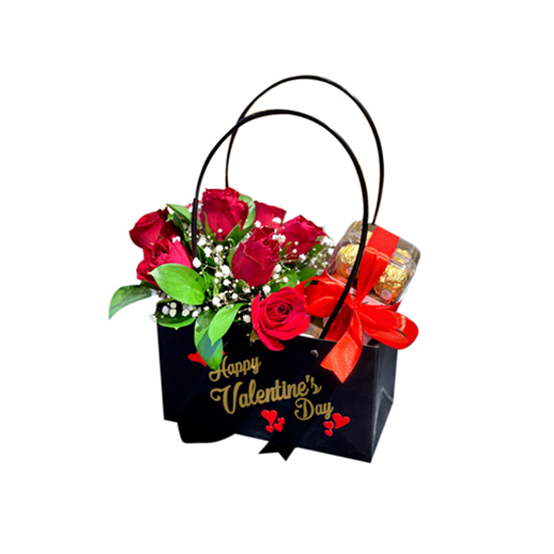 Happy Valentine's day Arrangement in a Special Hand bag with Ferrero