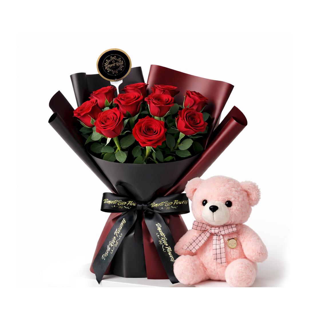 Red Rose Bouquet & Teddy Bear Combo